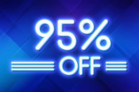 White neon inscriptions off 95 of discounts on a blue art background Price labele sale promotion market discount percent. clearance purchaseの写真素材