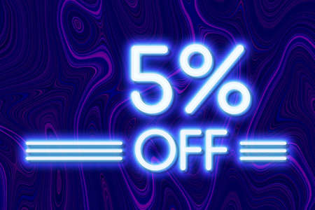 White neon inscriptions off 5 of discounts on a blue art background Price labele sale promotion market discount percent. offer retailの写真素材