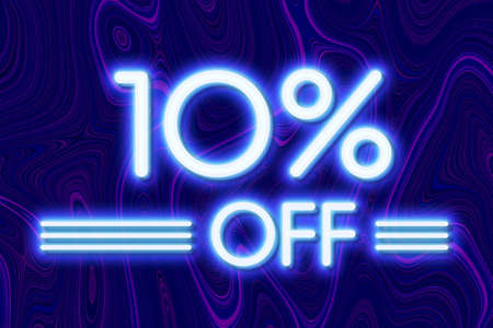 White neon inscriptions off 10 of discounts on a blue art background Price labele sale promotion market discount percent. shop dealの写真素材