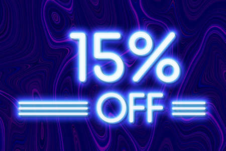 White neon inscriptions off 15 of discounts on a blue art background Price labele sale promotion market discount percent. shop storeの写真素材