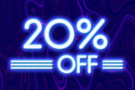 White neon inscriptions off 20 of discounts on a blue art background Price labele sale promotion market discount percent. businessの写真素材