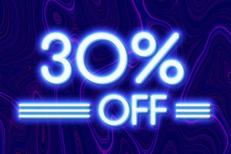 White neon inscriptions off 30 of discounts on a blue art background Price labele sale promotion market discount percent. banner businessの写真素材