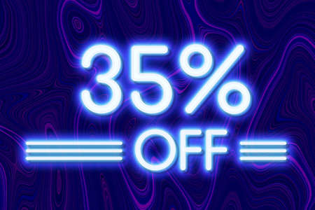 White neon inscriptions off 35 of discounts on a blue art background Price labele sale promotion market discount percent. special retailの写真素材