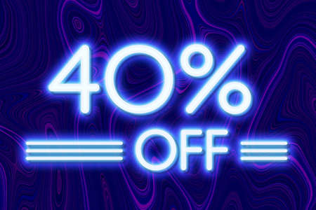 White neon inscriptions off 40 of discounts on a blue art background Price labele sale promotion market discount percent. shop specialの写真素材