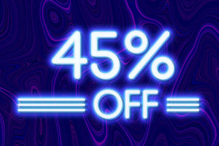 White neon inscriptions off 45 of discounts on a blue art background Price labele sale promotion market discount percent. special businessの写真素材