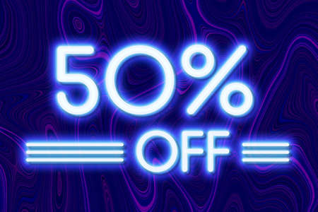 White neon inscriptions off 50 of discounts on a blue art background Price labele sale promotion market discount percent. banner purchaseの写真素材