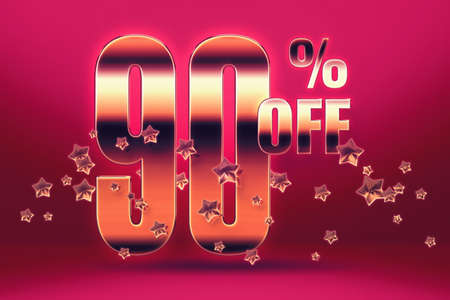 Golden inscriptions 90 off with percentages, numbers and stars on a burgundy background. Price labele sale promotion market discount percent. purchase clearanceの写真素材