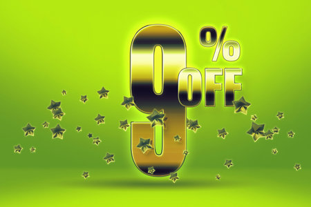 Golden numbers and stars inscription 9 off on a light green background. Price labele sale promotion...