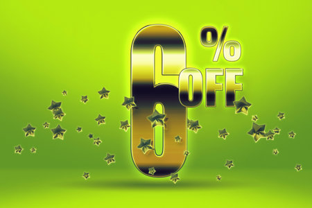 Golden numbers and stars inscription 6 off on a light green background. Price labele sale promotion market discount percent. deal businessの写真素材