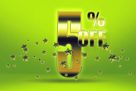 Golden numbers and stars inscription 5 off on a light green background. Price labele sale promotion market discount percent. purchase specialの写真素材