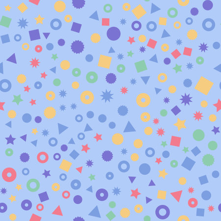 Kids geometric shapes seamless vector pattern. Triangles, dots, stars, and circles in pink, orange, red, and yellow background. Geometric shapes backdrop for fabric, surface pattern decorのイラスト素材