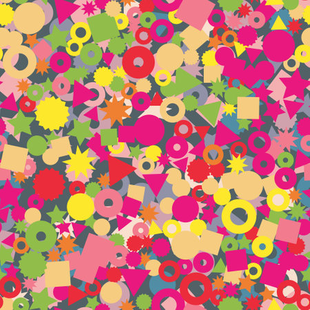 Kids geometric shapes seamless vector pattern. Triangles, dots, stars, and circles in pink, orange, red, and yellow background. Geometric shapes backdrop for fabric, surface pattern decorのイラスト素材