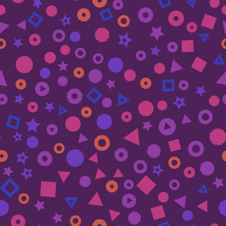 Kids geometric shapes seamless vector pattern. Triangles, dots, stars, and circles in pink, orange, red, and yellow background. Geometric shapes backdrop for fabric, surface pattern decorのイラスト素材