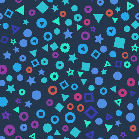 Kids geometric shapes seamless vector pattern. Triangles, dots, stars, and circles in pink, orange, red, and yellow background. Geometric shapes backdrop for fabric, surface pattern decorのイラスト素材