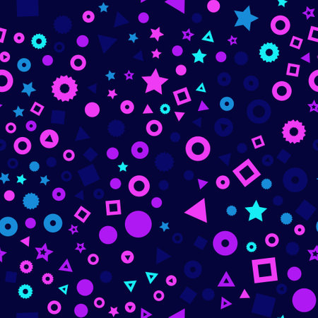 Kids geometric shapes seamless vector pattern. Triangles, dots, stars, and circles in pink, orange, red, and yellow background. Geometric shapes backdrop for fabric, surface pattern decorのイラスト素材