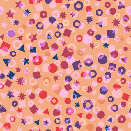Kids geometric shapes seamless vector pattern. Triangles, dots, stars, and circles in pink, orange, red, and yellow background. Geometric shapes backdrop for fabric, surface pattern decorのイラスト素材