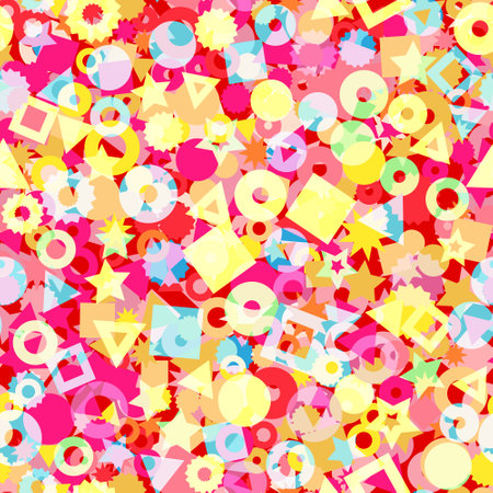 Kids geometric shapes seamless vector pattern. Triangles, dots, stars, and circles in pink, orange, red, and yellow background. Geometric shapes backdrop for fabric, surface pattern decorのイラスト素材