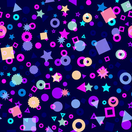 Kids geometric shapes seamless vector pattern. Triangles, dots, stars, and circles in pink, orange, red, and yellow background. Geometric shapes backdrop for fabric, surface pattern decorのイラスト素材