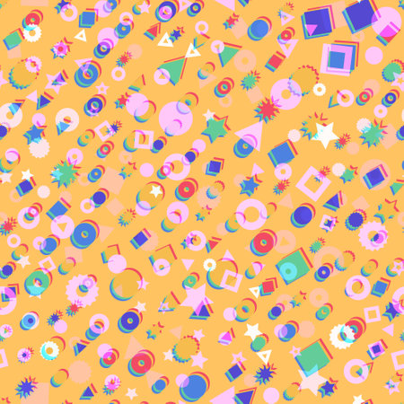 Kids geometric shapes seamless vector pattern. Triangles, dots, stars, and circles in pink, orange, red, and yellow background. Geometric shapes backdrop for fabric, surface pattern decorのイラスト素材