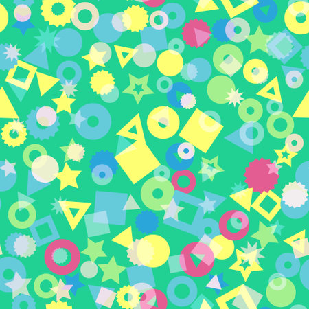 Kids geometric shapes seamless vector pattern. Triangles, dots, stars, and circles in pink, orange, red, and yellow background. Geometric shapes backdrop for fabric, surface pattern decorのイラスト素材