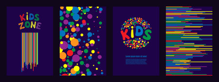 Banner for kids party in cartoon style with multicolored, cheerful background. Place for fun and play, kids game room for birthday party. Poster for children's playroom decoration. Vector illustration.のイラスト素材