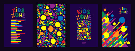 Banner for kids party in cartoon style with multicolored, cheerful background. Place for fun and play, kids game room for birthday party. Poster for children's playroom decoration. Vector illustration.のイラスト素材