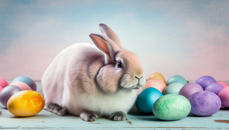 Rainbow colored Easter cute rabbit egg symbol holiday background. young Generated AIの素材