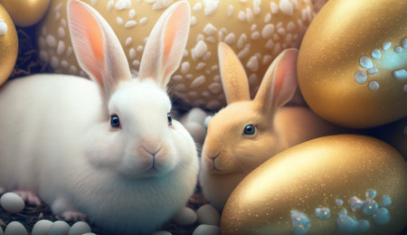 Gold Easter cute rabbit egg symbol holiday background. colorful bunny Generated AIの素材