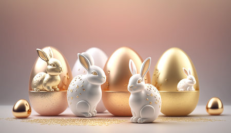 Gold Easter cute rabbit egg symbol holiday background. beautiful easter bunny Generated AIの素材