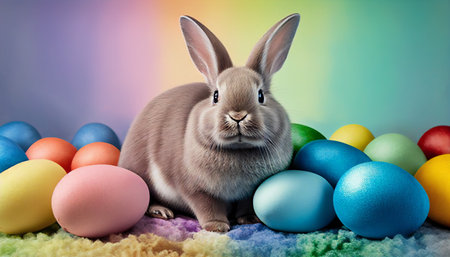 Rainbow colored Easter cute rabbit egg symbol holiday background. animal Generated AIの素材