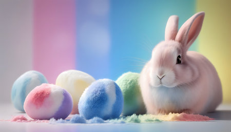 Rainbow colored Easter cute rabbit egg symbol holiday background. beautiful little Generated AIの素材