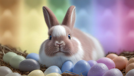 Rainbow colored Easter cute rabbit egg symbol holiday background. pet Generated AIの素材