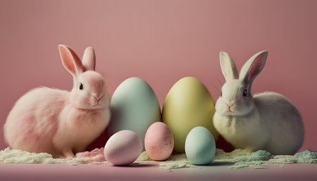 Pink Easter cute rabbit egg symbol holiday background. easter eggs colorful Generated AIの素材
