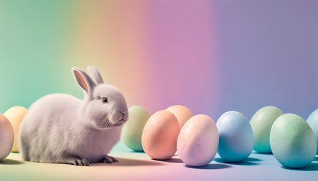 Rainbow colored Easter cute rabbit egg symbol holiday background. animal hare Generated AIの素材