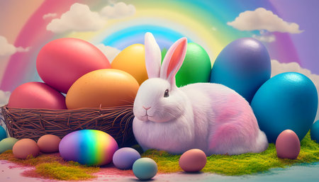 Rainbow colored Easter cute rabbit egg symbol holiday background. hare Generated AIの素材