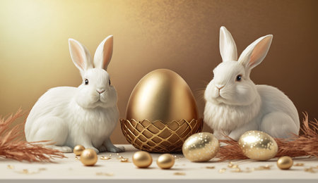 Gold Easter cute rabbit egg symbol holiday background. pet colorful Generated AIの素材