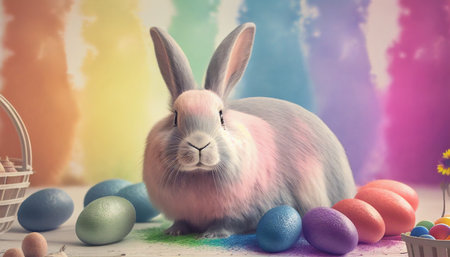 Rainbow colored Easter cute rabbit egg symbol holiday background. bunny easter bunny Generated AIの素材