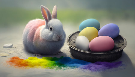 Rainbow colored Easter cute rabbit egg symbol holiday background. spring beautiful Generated AIの素材
