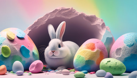 Rainbow colored Easter cute rabbit egg symbol holiday background. colorful pet Generated AIの素材