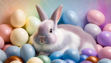 Rainbow colored Easter cute rabbit egg symbol holiday background. easter eggs bunny Generated AIの素材