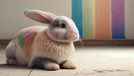 Rainbow colored Easter cute rabbit egg symbol holiday background. pet bunny Generated AIの素材