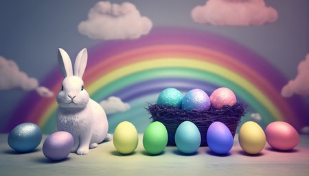 Rainbow colored Easter cute rabbit egg symbol holiday background. little Generated AIの素材