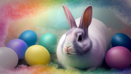 Rainbow colored Easter cute rabbit egg symbol holiday background. colorful beautiful Generated AIの素材