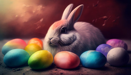 Rainbow colored Easter cute rabbit egg symbol holiday background. animal little Generated AIの素材