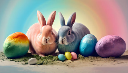 Rainbow colored Easter cute rabbit egg symbol holiday background. beautiful hare Generated AIの素材