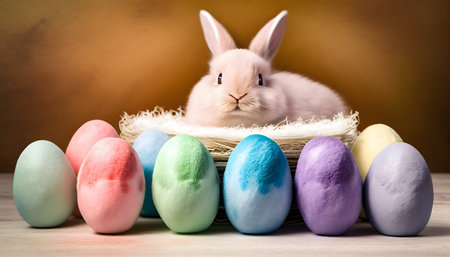 Rainbow colored Easter cute rabbit egg symbol holiday background. young bunny Generated AIの素材