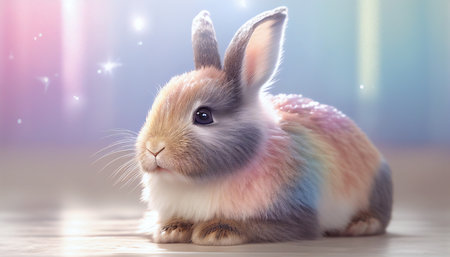 Rainbow colored Easter cute rabbit egg symbol holiday background. spring animal Generated AIの素材