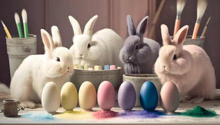 Rainbow colored Easter cute rabbit egg symbol holiday background. hare animal Generated AIの素材
