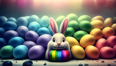 Rainbow colored Easter cute rabbit egg symbol holiday background. bunny spring Generated AIの素材