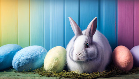 Rainbow colored Easter cute rabbit egg symbol holiday background. animal easter bunny Generated AIの素材